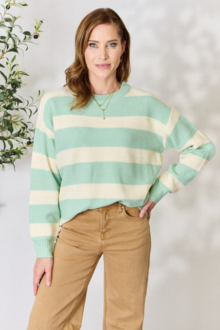 Shop Sage Ivory Sew In Love Full Size Contrast Striped Round Neck Sweater - High-Quality U.S. Made Women’s Fashion with Free & Fast Shipping