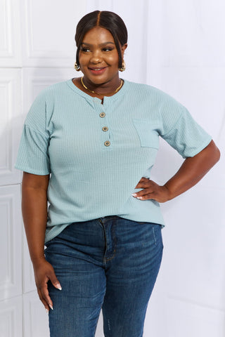 Shop Heimish Made For You Full Size 1/4 Button Down Waffle Top in Blue - High-Quality U.S. Made Women’s Fashion with Free & Fast Shipping