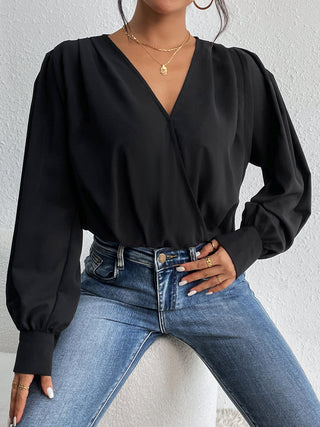 Shop Surplice Ruched Long Sleeve Bodysuit - High-Quality U.S. Made Women’s Fashion with Free & Fast Shipping