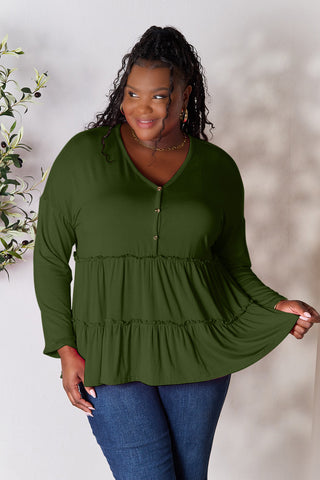 Shop Army Green Double Take Half Button Long Sleeve Ruffle Hem Blouse - High-Quality U.S. Made Women’s Fashion with Free & Fast Shipping