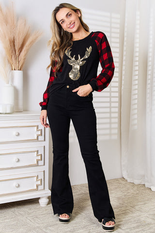 Shop Heimish Full Size Sequin Reindeer Graphic Plaid Top - High-Quality U.S. Made Women’s Fashion with Free & Fast Shipping