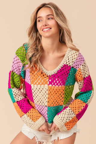 Shop BiBi Multi Color Checkered Long Sleeve Knit Top - High-Quality U.S. Made Women’s Fashion with Free & Fast Shipping