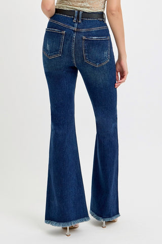 Shop RISEN Tummy Control Frayed Hem Flare Jeans - High-Quality U.S. Made Women’s Fashion with Free & Fast Shipping