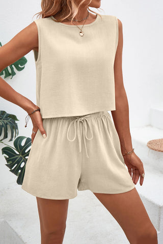 Shop Round Neck Top and Drawstring Shorts Set - High-Quality U.S. Made Women’s Fashion with Free & Fast Shipping