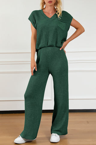 Shop Dark Green Pocketed V-Neck Top and Wide Leg Sweater Set - High-Quality U.S. Made Women’s Fashion with Free & Fast Shipping