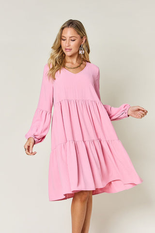 Shop Double Take Full Size V-Neck Balloon Sleeve Tiered Dress with Pockets - High-Quality U.S. Made Women’s Fashion with Free & Fast Shipping