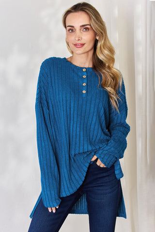 Shop Sky Blue Basic Bae Full Size Ribbed Half Button Long Sleeve High-Low T-Shirt - High-Quality U.S. Made Women’s Fashion with Free & Fast Shipping