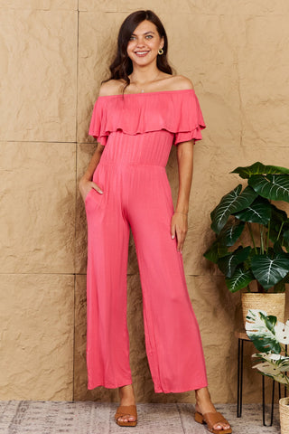 Shop Coral Heimish My Favorite Full Size Off-Shoulder Jumpsuit with Pockets - High-Quality U.S. Made Women’s Fashion with Free & Fast Shipping