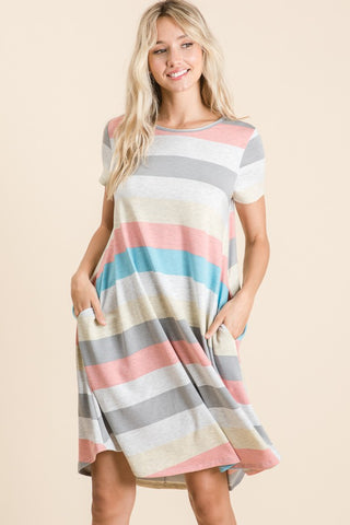 Shop BOMBOM Striped Short Sleeve Dress with Pockets - High-Quality U.S. Made Women’s Fashion with Free & Fast Shipping