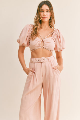 Shop MABLE Cut Out Drawstring Crop Top and Belted Pants Set - High-Quality U.S. Made Women’s Fashion with Free & Fast Shipping