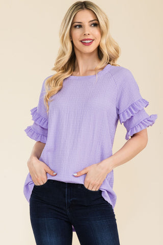 Shop Lilac Celeste Full Size Ruffle Short Sleeve Texture Top - High-Quality U.S. Made Women’s Fashion with Free & Fast Shipping