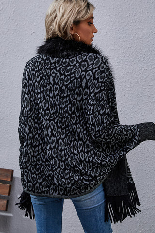 Shop Leopard Fringe Detail Poncho - High-Quality U.S. Made Women’s Fashion with Free Fast Shipping