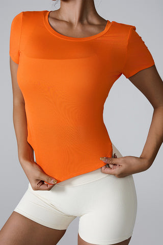 Shop Orange Cutout Round Neck Short Sleeve Active T-Shirt - High-Quality U.S. Made Women’s Fashion with Free & Fast Shipping