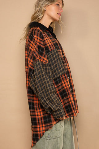 Shop POL Plaid Contrast Long Sleeve Raw Hem Shacket with Chest Pockets - High-Quality U.S. Made Women’s Fashion with Free & Fast Shipping