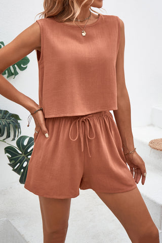 Shop Round Neck Top and Drawstring Shorts Set - High-Quality U.S. Made Women’s Fashion with Free Fast Shipping