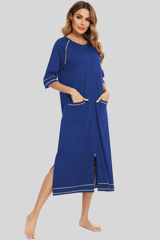 Shop Peacock Blue Zip Up Slit Round Neck Night Dress with Pockets - High-Quality U.S. Made Women’s Fashion with Free & Fast Shipping