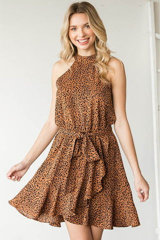 Shop Mocha First Love Full Size Leopard Belted Sleeveless Dress - High-Quality U.S. Made Women’s Fashion with Free & Fast Shipping