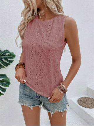 Shop Eyelet Round Neck Tank - High-Quality U.S. Made Women’s Fashion with Free Fast Shipping