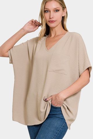 Shop LT MOCHA Zenana Full Size Texture V-Neck Short Sleeve Top - High-Quality U.S. Made Women’s Fashion with Free & Fast Shipping