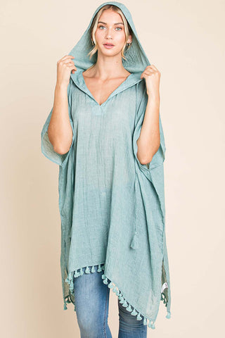 Shop Cotton Bleu by Nu Label Tassel Hem Hooded Cover Up - High-Quality U.S. Made Women’s Fashion with Free & Fast Shipping