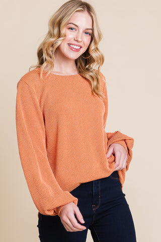 Shop Pumpkin BOMBOM Long Sleeve Curved Hem Ribbed T-Shirt - High-Quality U.S. Made Women’s Fashion with Free & Fast Shipping