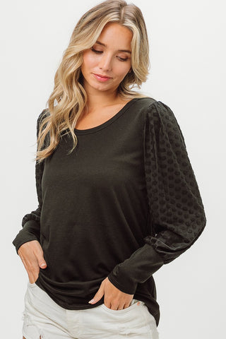 Shop BiBi Round Neck Polka Dot Lantern Sleeve Top - High-Quality U.S. Made Women’s Fashion with Free & Fast Shipping