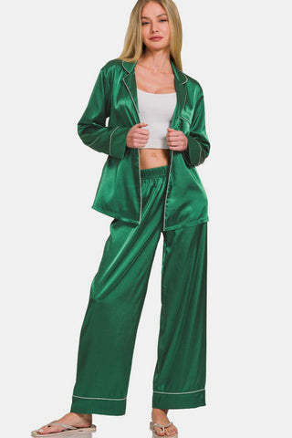 Shop Zenana Satin Long Sleeve Shirt and Pants Pajama Set - High-Quality U.S. Made Women’s Fashion with Free Fast Shipping