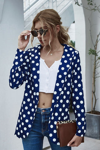 Shop Dark Blue Polka Dot Long Sleeve Blazer - High-Quality U.S. Made Women’s Fashion with Free & Fast Shipping