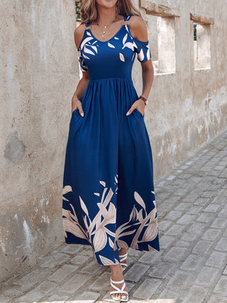 Shop Navy Printed Cold Shoulder Short Sleeve Maxi Dress - High-Quality U.S. Made Women’s Fashion with Free & Fast Shipping