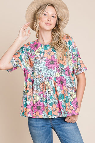 Shop BOMBOM Floral Round Neck Short Sleeve Blouse - High-Quality U.S. Made Women’s Fashion with Free & Fast Shipping