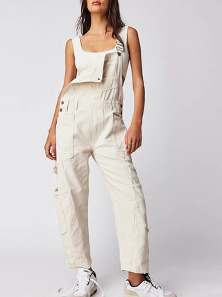 Shop Ivory Pocketed Wide Strap Denim Overalls - High-Quality U.S. Made Women’s Fashion with Free & Fast Shipping