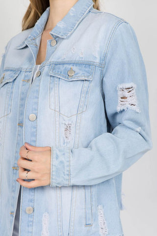 Shop American Bazi Letter Patched Distressed Denim Jacket - High-Quality U.S. Made Women’s Fashion with Free & Fast Shipping