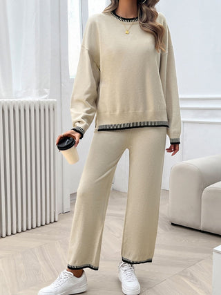 Shop Round Neck Dropped Shoulder Top and Pants Sweater Set - High-Quality U.S. Made Women’s Fashion with Free Fast Shipping