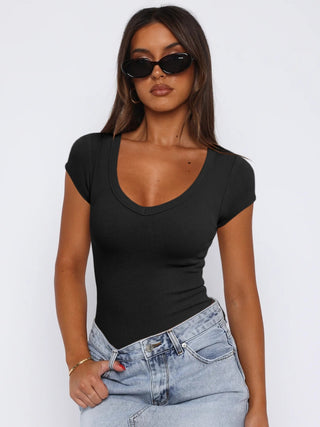 Shop Black Scoop Neck Cap Sleeve T-Shirt - High-Quality U.S. Made Women’s Fashion with Free & Fast Shipping