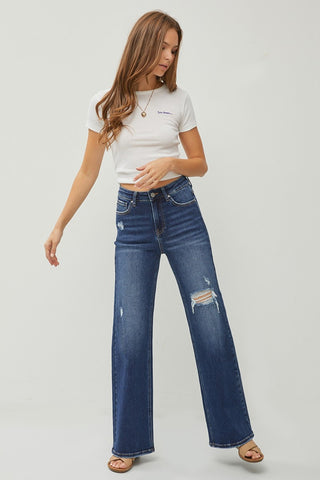 Shop RISEN Full Size High Rise Distressed Wide Leg Jeans - High-Quality U.S. Made Women’s Fashion with Free & Fast Shipping