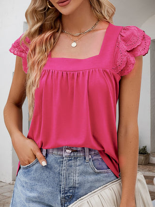 Shop Hot Pink Ruffled Square Neck Cap Sleeve Blouse - High-Quality U.S. Made Women’s Fashion with Free & Fast Shipping