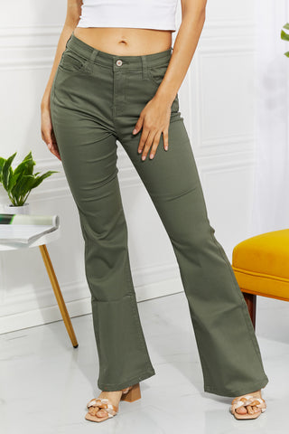 Shop Matcha Green Zenana Clementine Full Size High-Rise Bootcut Jeans in Olive - High-Quality U.S. Made Women’s Fashion with Free & Fast Shipping