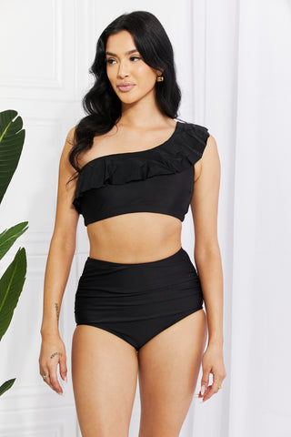 Shop Marina West Swim Seaside Romance Ruffle One-Shoulder Bikini in Black - High-Quality U.S. Made Women’s Fashion with Free Fast Shipping