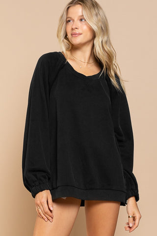 Shop Black POL Back Cross Strap Detail Balloon Sleeve Sweatshirt - High-Quality U.S. Made Women’s Fashion with Free & Fast Shipping