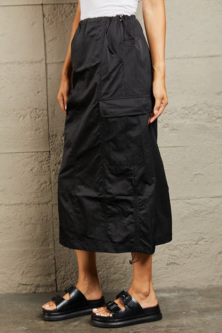 Shop HYFVE Just In Time High Waisted Cargo Midi Skirt in Black - High-Quality U.S. Made Women’s Fashion with Free & Fast Shipping