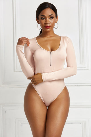 Shop Half Zip Scoop Neck Long Sleeve Bodysuit - High-Quality U.S. Made Women’s Fashion with Free & Fast Shipping