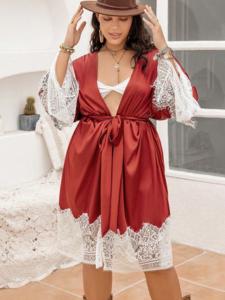 Shop Plus Size Lace Patchwork Tie Front Robe - High-Quality U.S. Made Women’s Fashion with Free & Fast Shipping