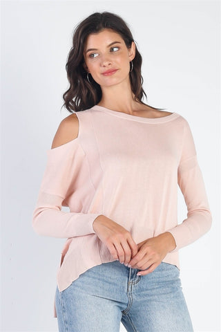 Shop Light Pink UNIQ Cold Shoulder Long Sleeve Knit Top - High-Quality U.S. Made Women’s Fashion with Free & Fast Shipping