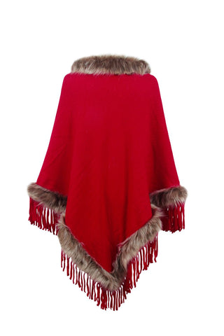 Shop Faux Fur Trim Fringed Poncho - High-Quality U.S. Made Women’s Fashion with Free & Fast Shipping