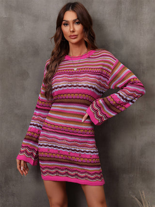 Shop Fuchsia Multicolored Stripe Dropped Shoulder Sweater Dress - High-Quality U.S. Made Women’s Fashion with Free & Fast Shipping