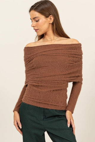 Shop Brown HYFVE Fuzzy Off Shoulder Textured Knit Top - High-Quality U.S. Made Women’s Fashion with Free & Fast Shipping