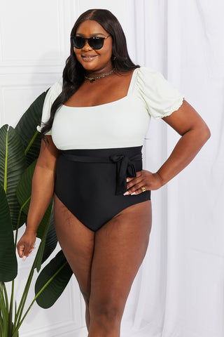 Shop Marina West Swim Salty Air Puff Sleeve One-Piece in Cream/Black - High-Quality U.S. Made Women’s Fashion with Free Fast Shipping