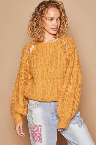 Shop Honey Mustard POL Cable Knit Cutout Long Sleeve Sweater - High-Quality U.S. Made Women’s Fashion with Free & Fast Shipping