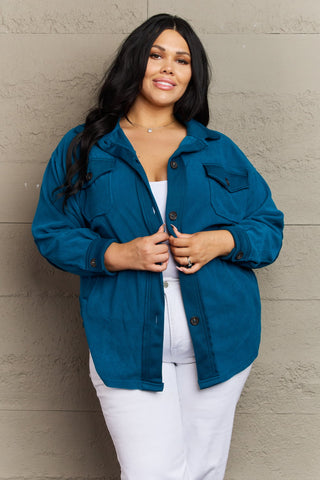 Shop Zenana Cozy in the Cabin Full Size Fleece Elbow Patch Shacket in Teal - High-Quality U.S. Made Women’s Fashion with Free & Fast Shipping