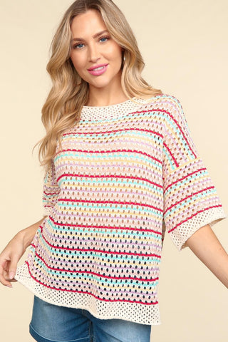 Shop Haptics Striped Crochet Drop Shoulder Knit Top - High-Quality U.S. Made Women’s Fashion with Free Fast Shipping